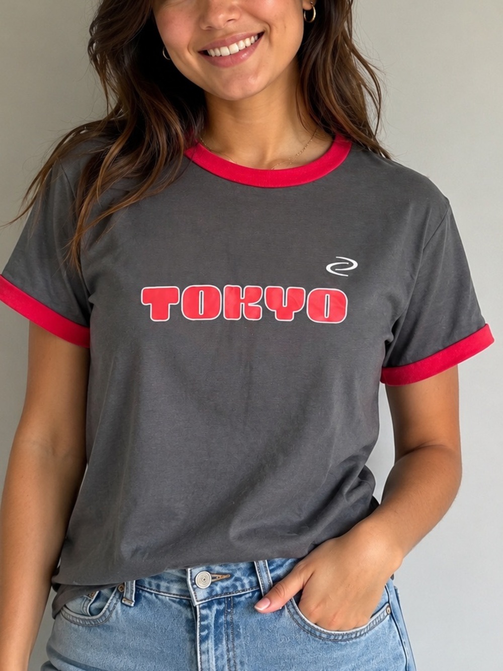 Streetwear Society Tokyo Ringer Tee Gray & Red Graphic T-Shirt Medium